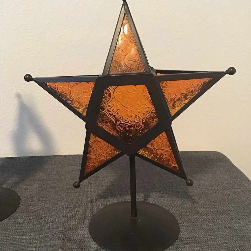 Moravian Stamped Glass Star Shaped Tea Light Candle Holder Set (2) Amber/Orange